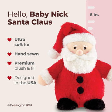 Bearington Nick Santa Claus Christmas Stuffed Plush - 6" Soft Christmas Stuffies for Kids with Red and White Hat, Soft Fur, and Weighted Bottom
