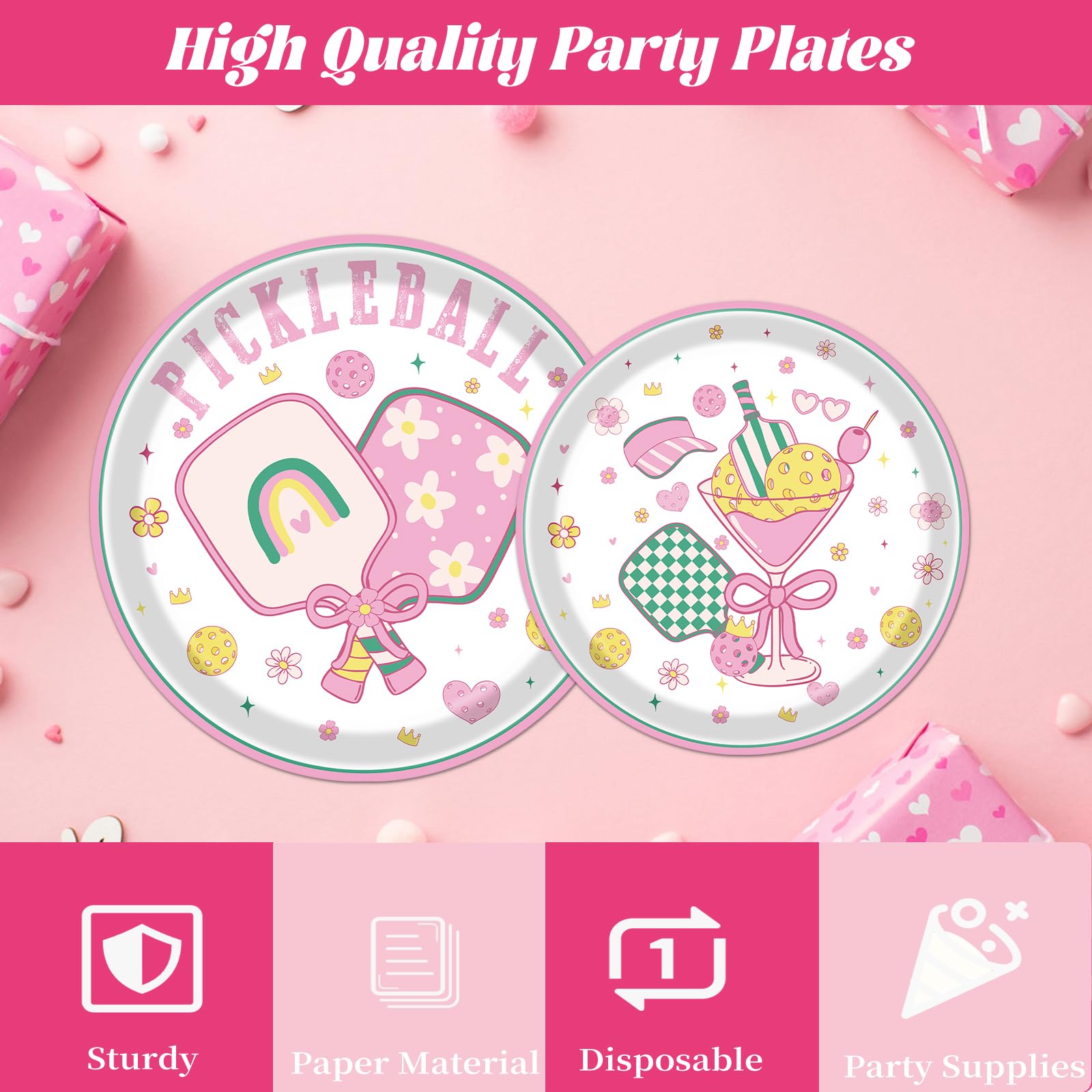 musaeva Pickleball Birthday Party Decorations Tableware, 96PCS Pickle Ball Disposable Pink Paper Plates and Napkins Decoration, Ball Theme Forks Decor