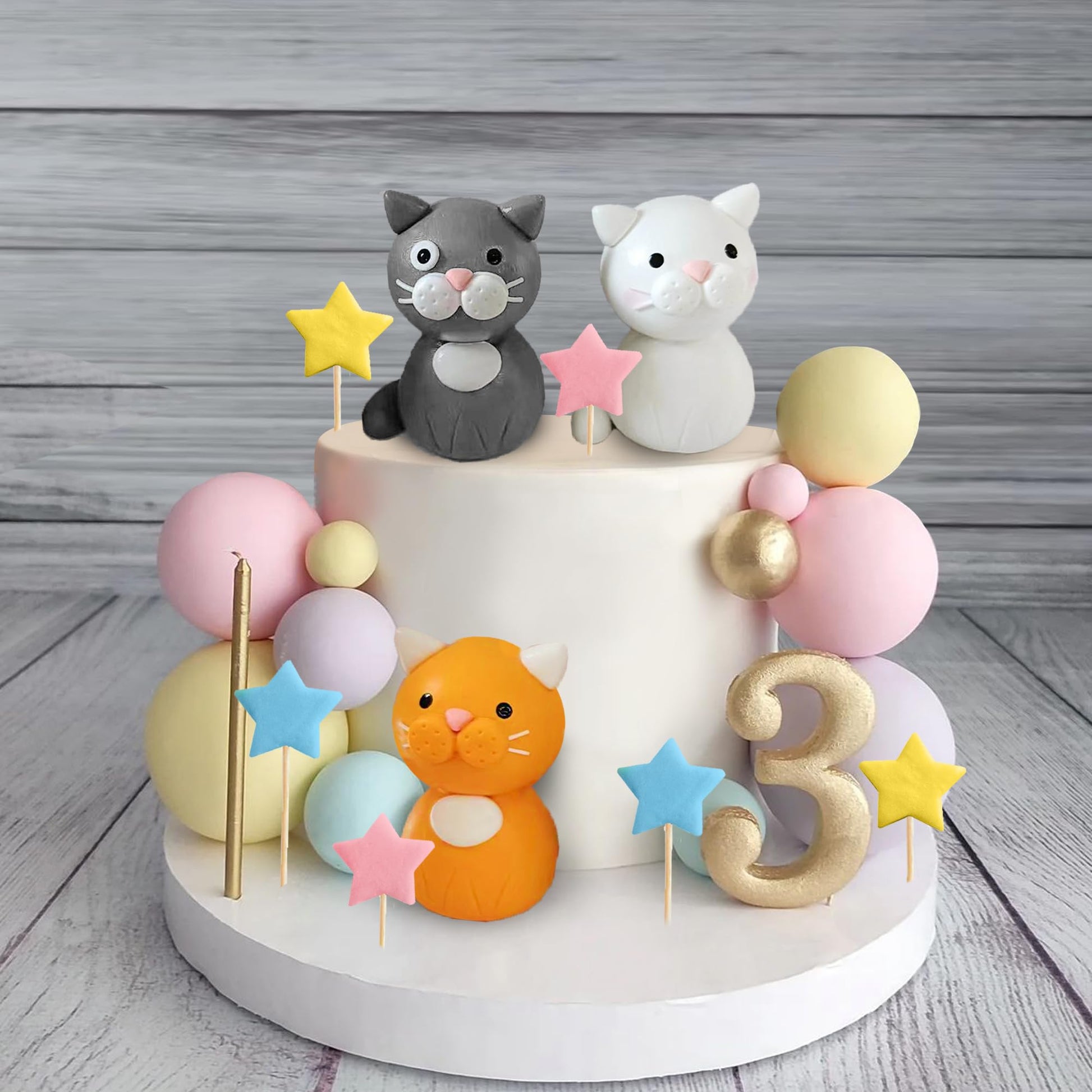 Cat Cake Toppers Clay Figurines Yellow Pink Purple Ball Cake Decorations for Cat Theme Birthday (Style 01)