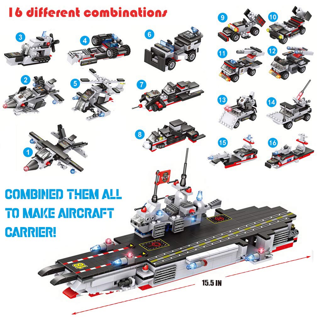 Liberty Imports 825pc Military Aircraft Carrier Fleet Construction Bricks Toy - 8-in-1 Naval Battleship Models with Navy Vehicles, Jets & More