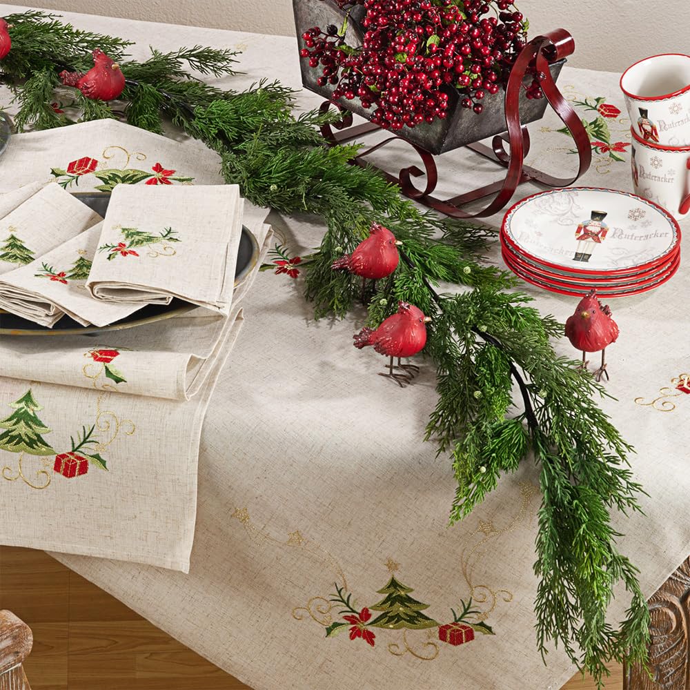 SARO LIFESTYLE Embroidered Christmas Tree Design Linen Blend Tablecloth, Natural, 67" x 67"