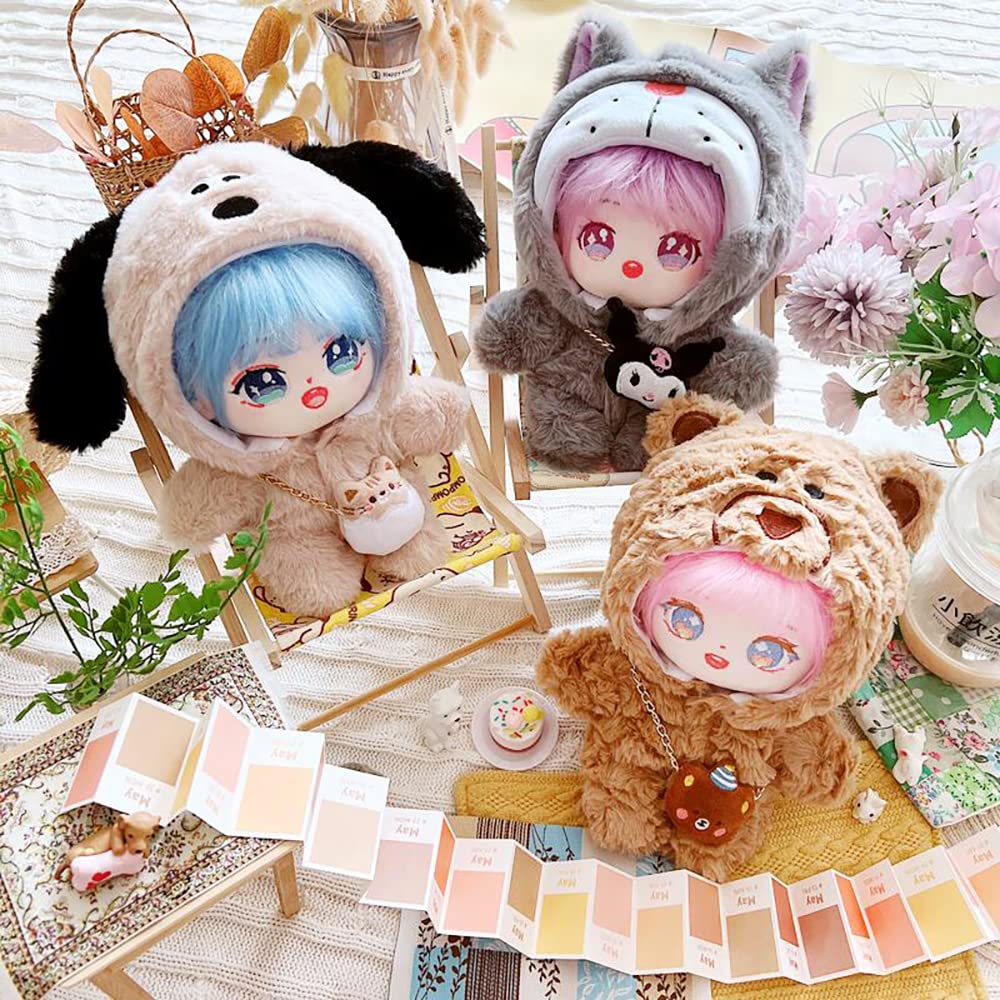 niannyyhouse 20cm Plush Doll Clothes Dog Pattern Onesie Dress Up 8in Kpop Stuffed Doll Clothing (Beige)