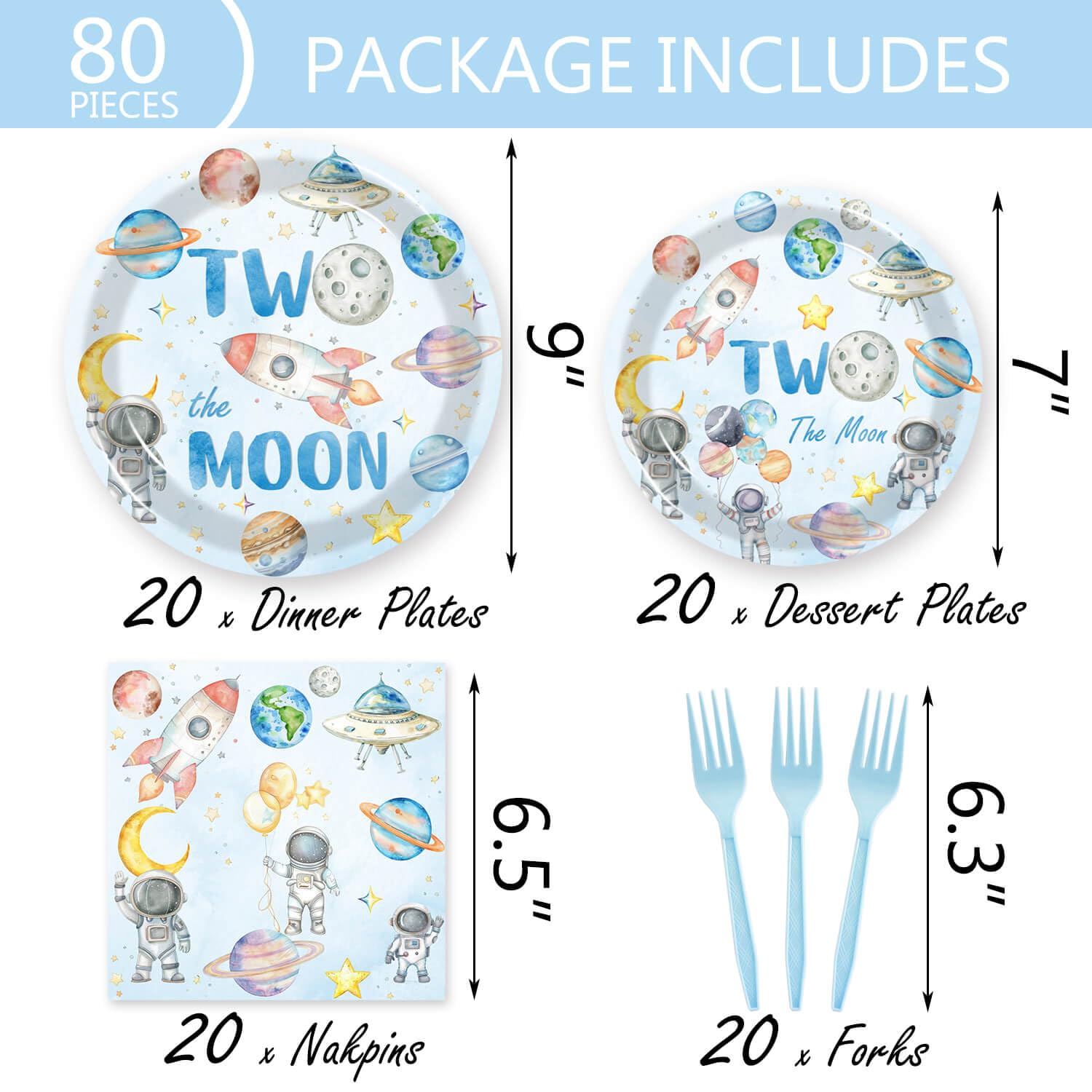 80 Pcs Space 2nd Birthday Party Supplies, Two the Moon Plates Napkins Forks Tableware Kit for Outer Space Man Galaxy Astronaut Theme Boys 2nd Birthday
