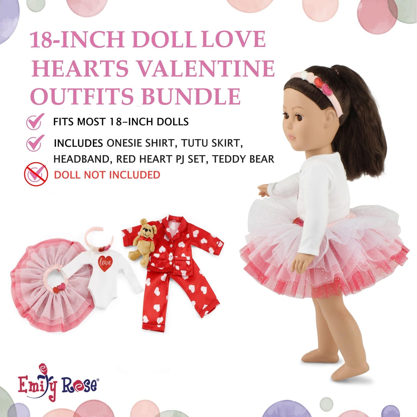Emily Rose 18" Doll Valentine Holiday Bundle - 6-Piece Red Hearts Tutu & Pajama Set with Teddy Bear - Gift Boxed Clothes for 18 Inch Dolls