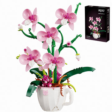 LQPFBSM Pink Orchid Flower Building Block Set in Coffee Cup 567 Pcs Botanical Bouquet Building Kit Elegant Home Office Desk Decor Creative Plant Craft