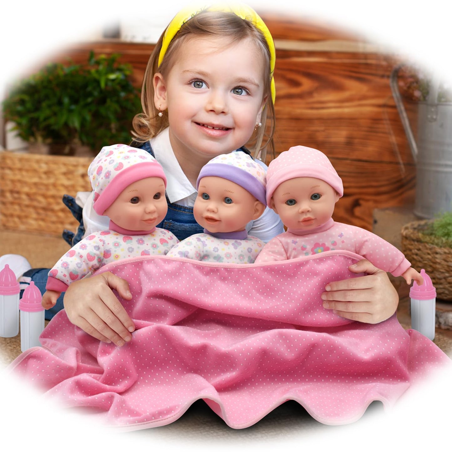New Adventures Cuddle Kids 14" Lovable Talking Triplets Dolls - Each Doll Says 12 Phrases, Includes Large Blanket & 3 Bottles, Kids Pretend Play Ages