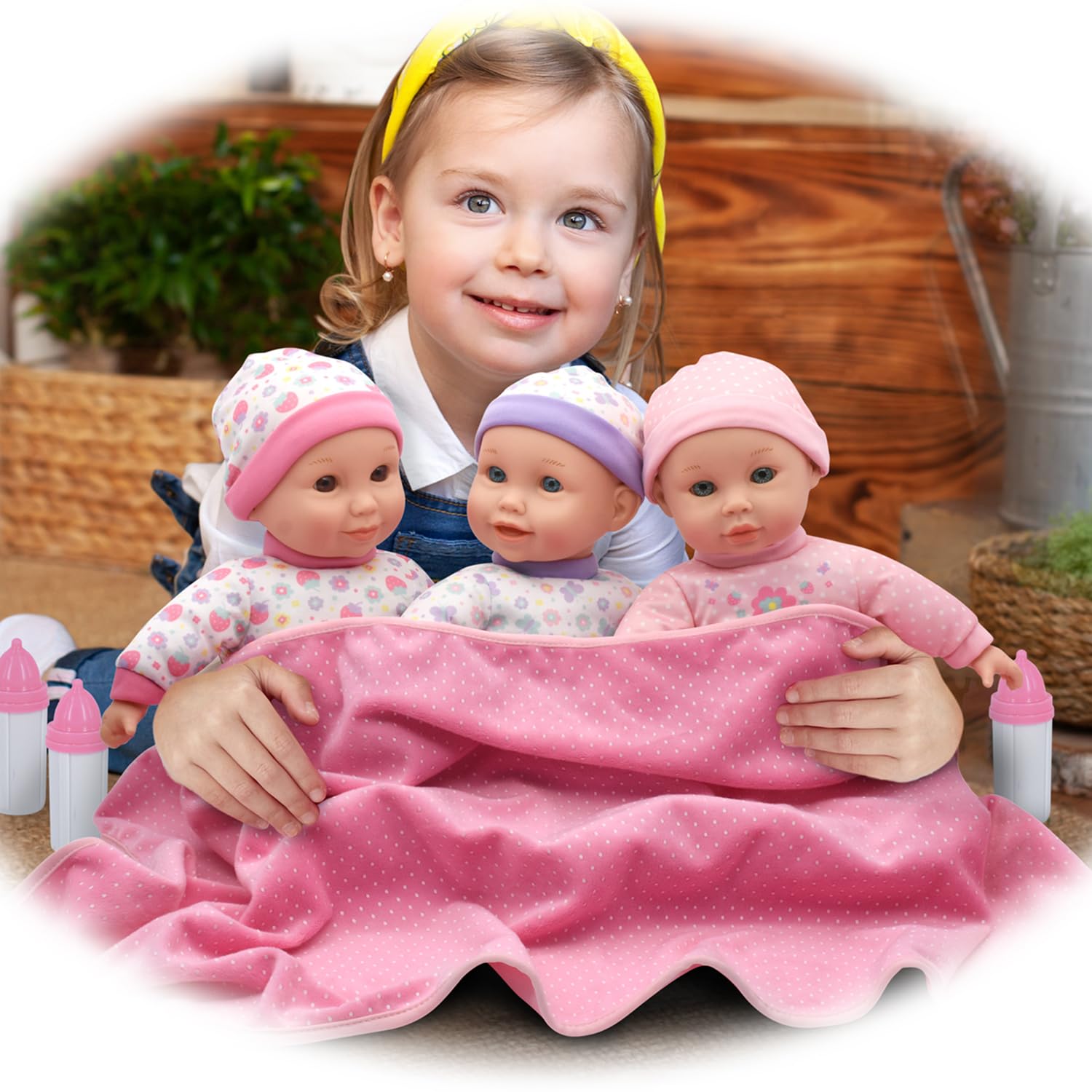 New Adventures Cuddle Kids 14" Lovable Talking Triplets Dolls - Each Doll Says 12 Phrases, Includes Large Blanket & 3 Bottles, Kids Pretend Play Ages