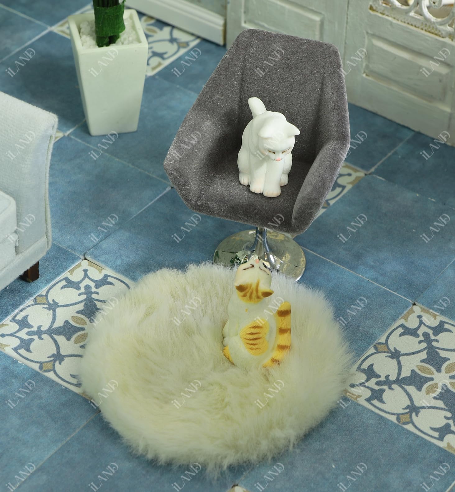 iLAND Dollhouse Furniture and Accessories Set, Miniature Swivel Chair & Carpet Modern for Dollhouse Livingroom (Grey)