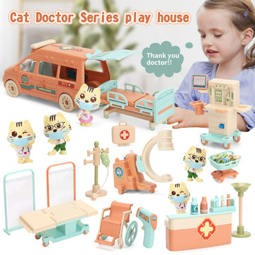 BananMelonBM Cat Dolls Doctor Pet Pretend Play Toys, Figures Playset Toy, Hospital and Ambulance Toy with Lights and Sound, Educational Toys, Gift