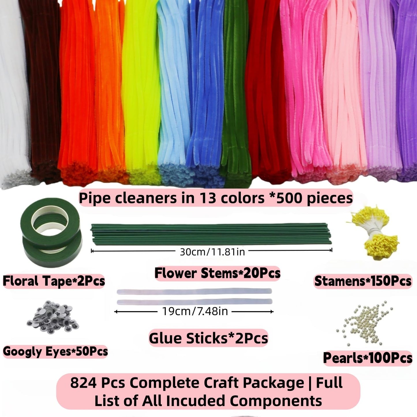 zoqdtu 500 Pcs Pipe Cleaners Flower Craft Kit, 13 Colors 12 in x 7mm