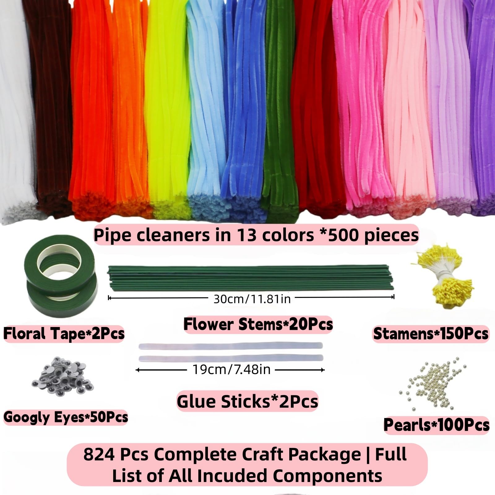 zoqdtu 500 Pcs Pipe Cleaners Flower Craft Kit, 13 Colors 12 in x 7mm
