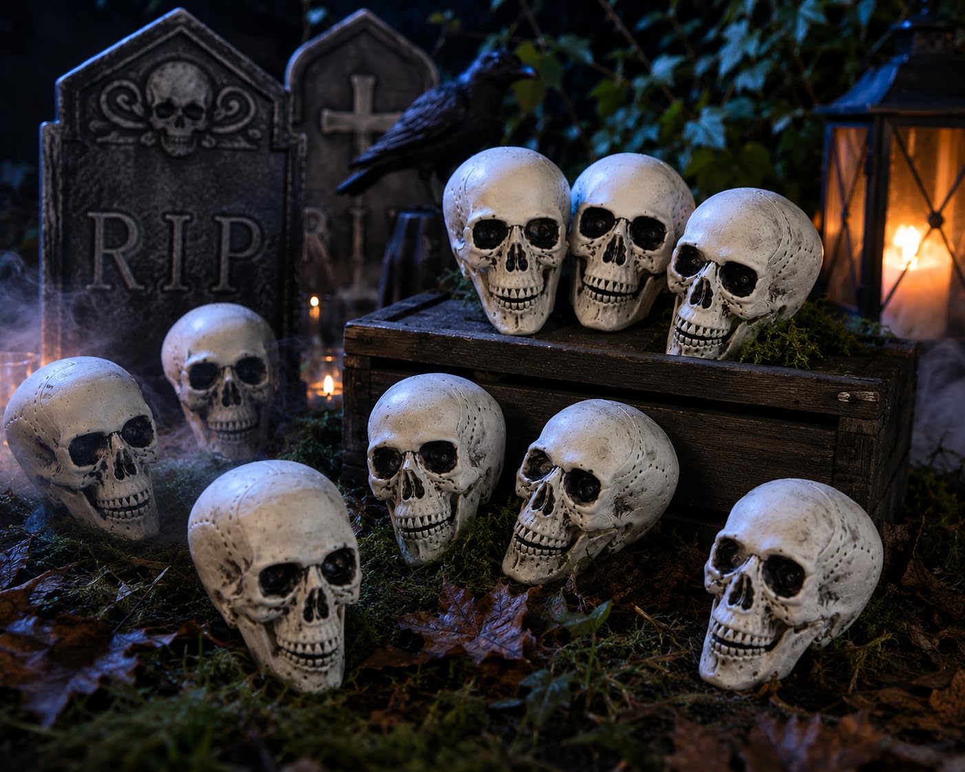 Fun Express White Plastic Realistic Skeleton Skulls 5 Inch for Halloween Party, Bar and Table Decorations, 12 Pack