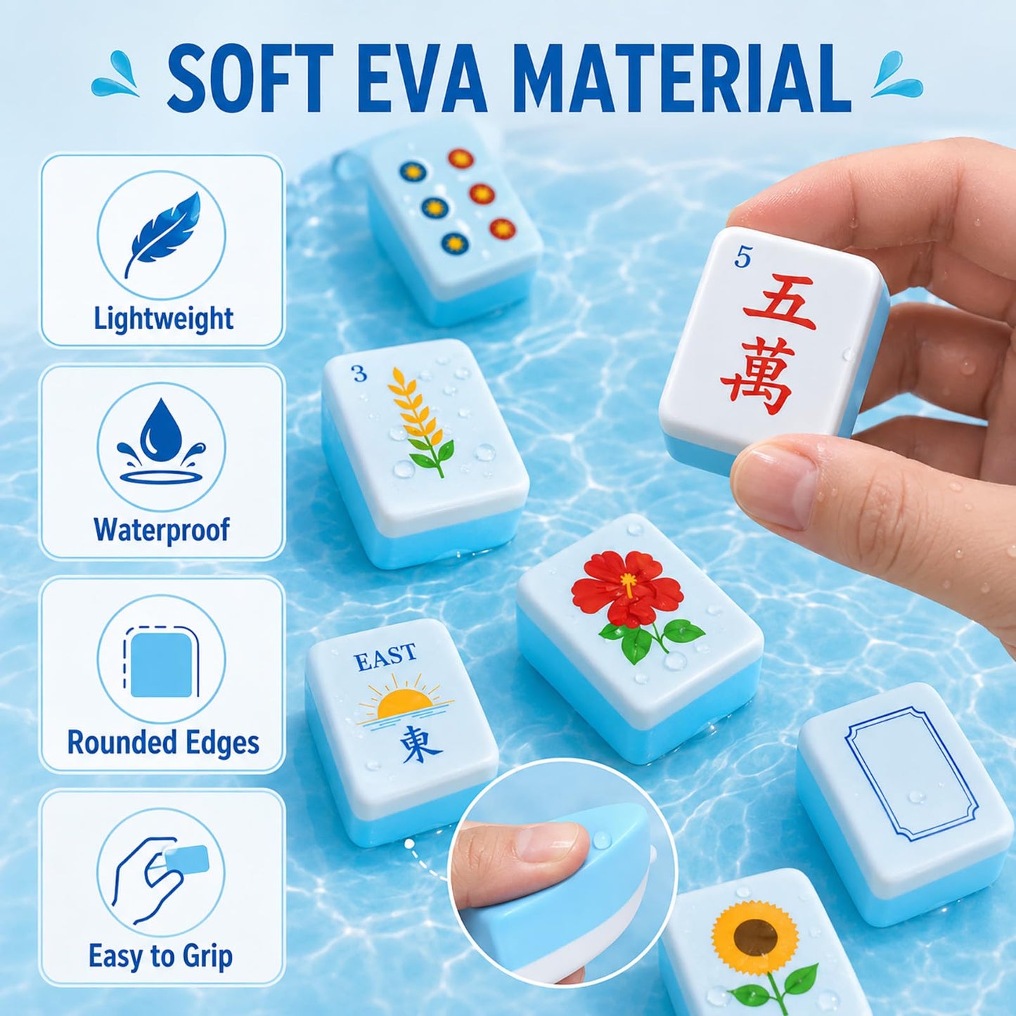 Floating Mahjong Tiles Set for Pool - 160 American Mahjong Tiles, Waterproof EVA Foam, Floats in Water, 4 Dice, 4 Rule Cards & Bag | Summer Pool
