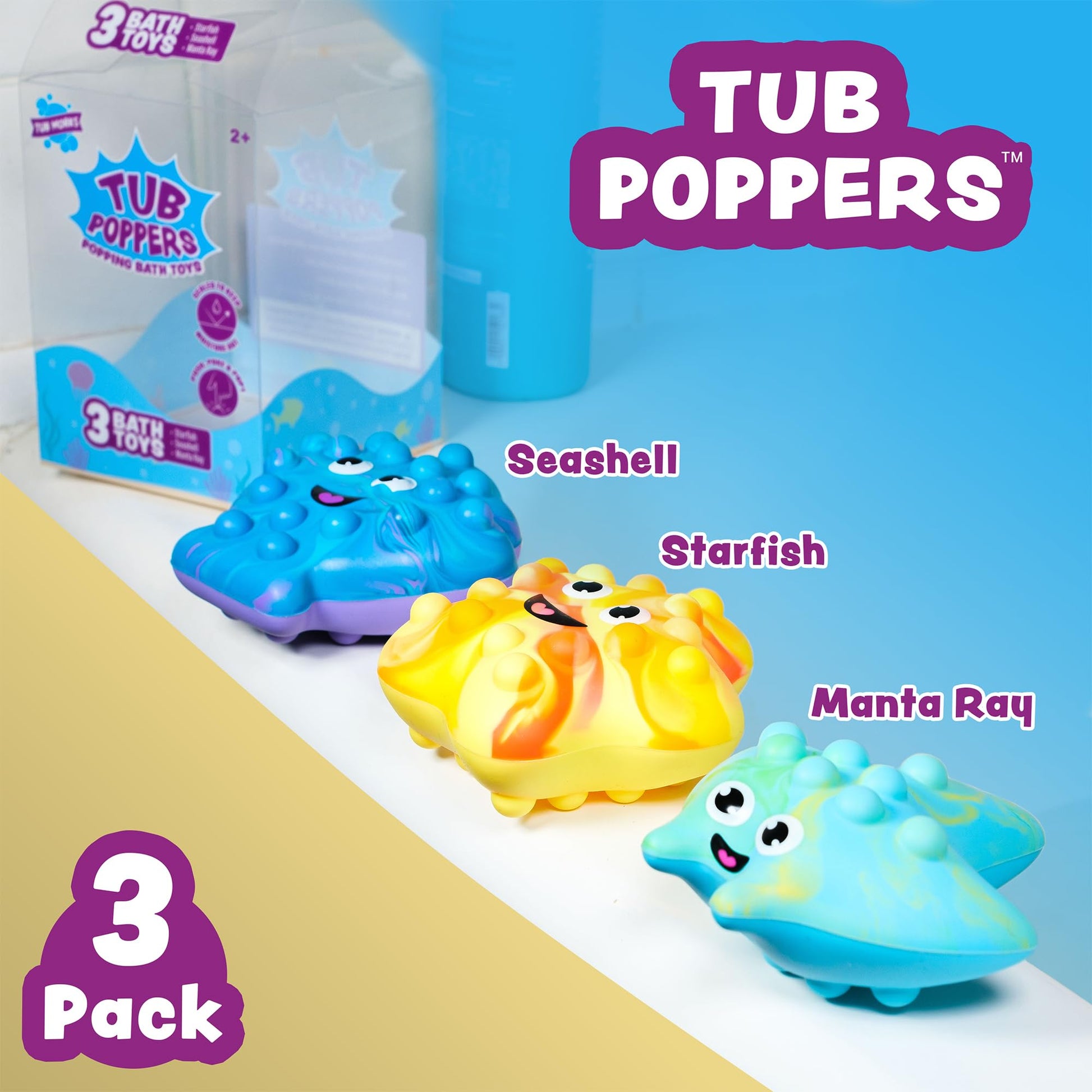 Tub Works® Tub Poppers™ Popping Kids & Toddler Bath Toys, 3 Pack | Push, Poke, Squish & Pop it Fidget Toys for The Bathtub | Irresistible Bubbles