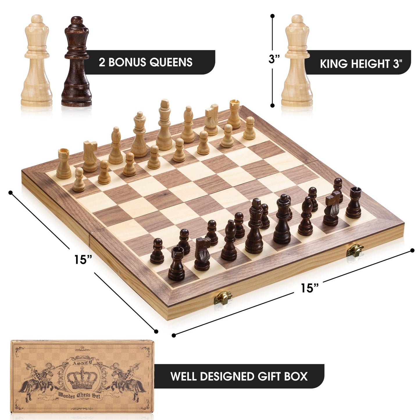 ASNEY Upgraded Magnetic Chess Set, 15" Tournament Staunton Wooden Chess Board Game Set with Magnets, Crafted Chesspiece ans Storage Slots for Kids