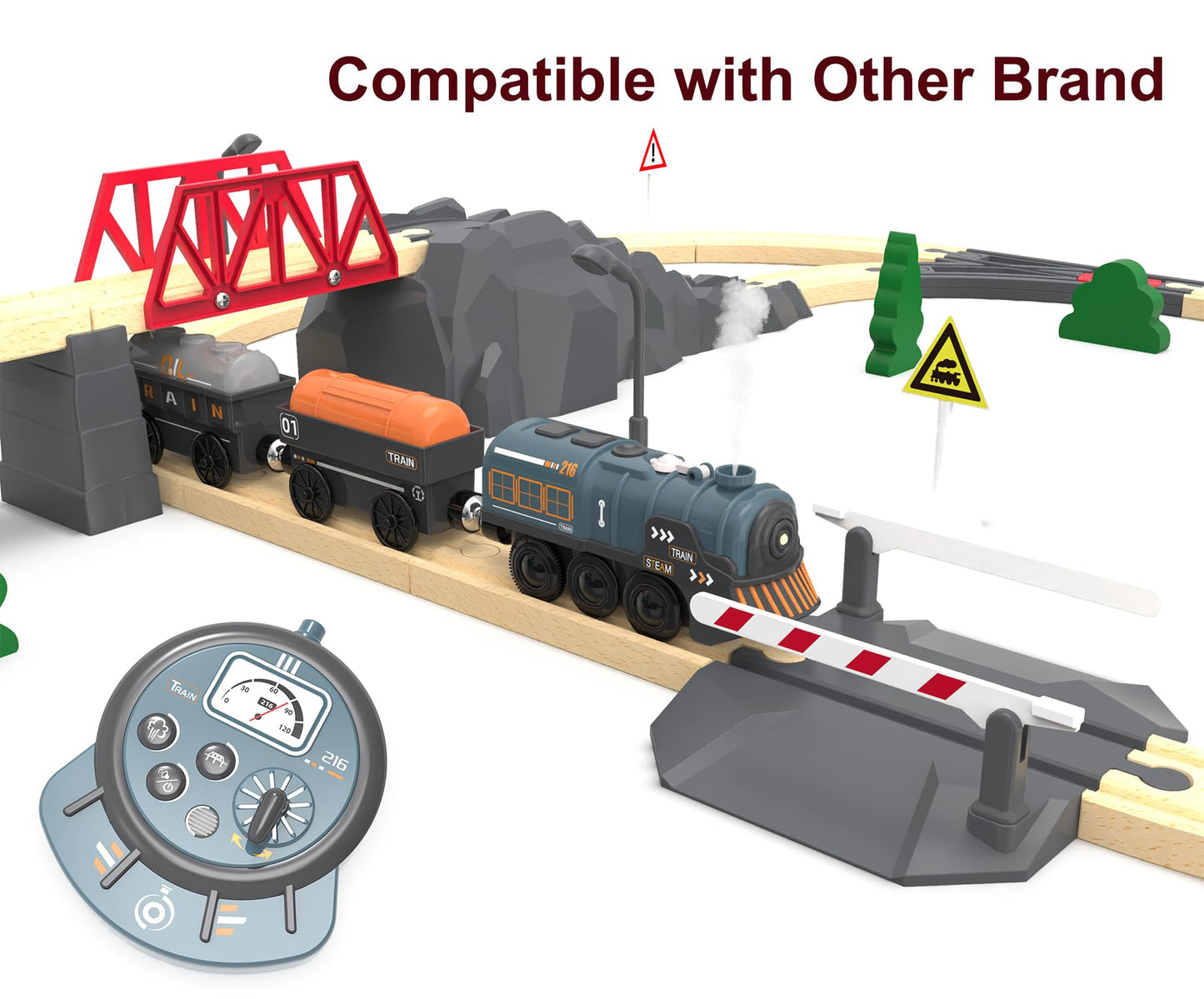 Remote Control Steam Train for Wooden Tracks - RC Train Set with Realistic Smoke, Lights & Sound, Motorized Toy Train Compatible with Thomas