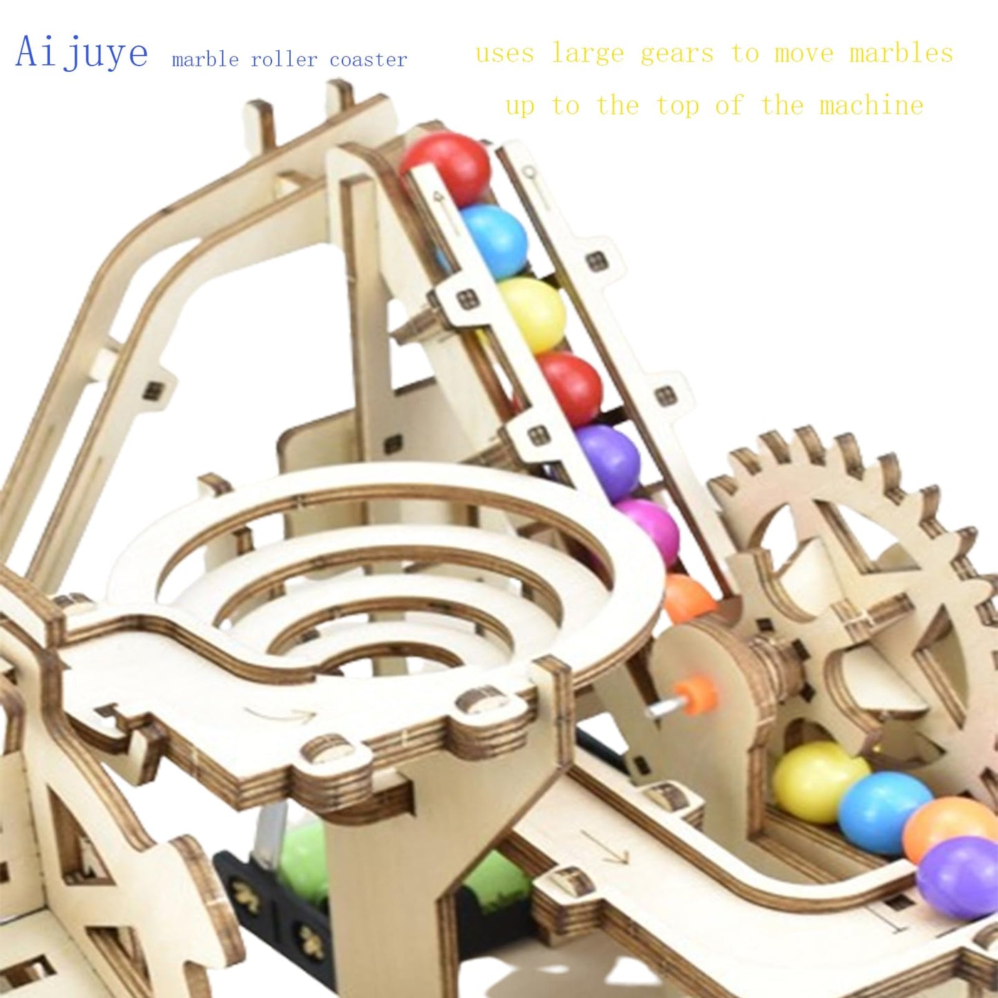 3D Wooden Roller Coaster Puzzle Motorized Marble Run Construction Kit with Gears and Tracks Mechanical Model Kit Laser Cut Wooden Pieces (Ages 14+)