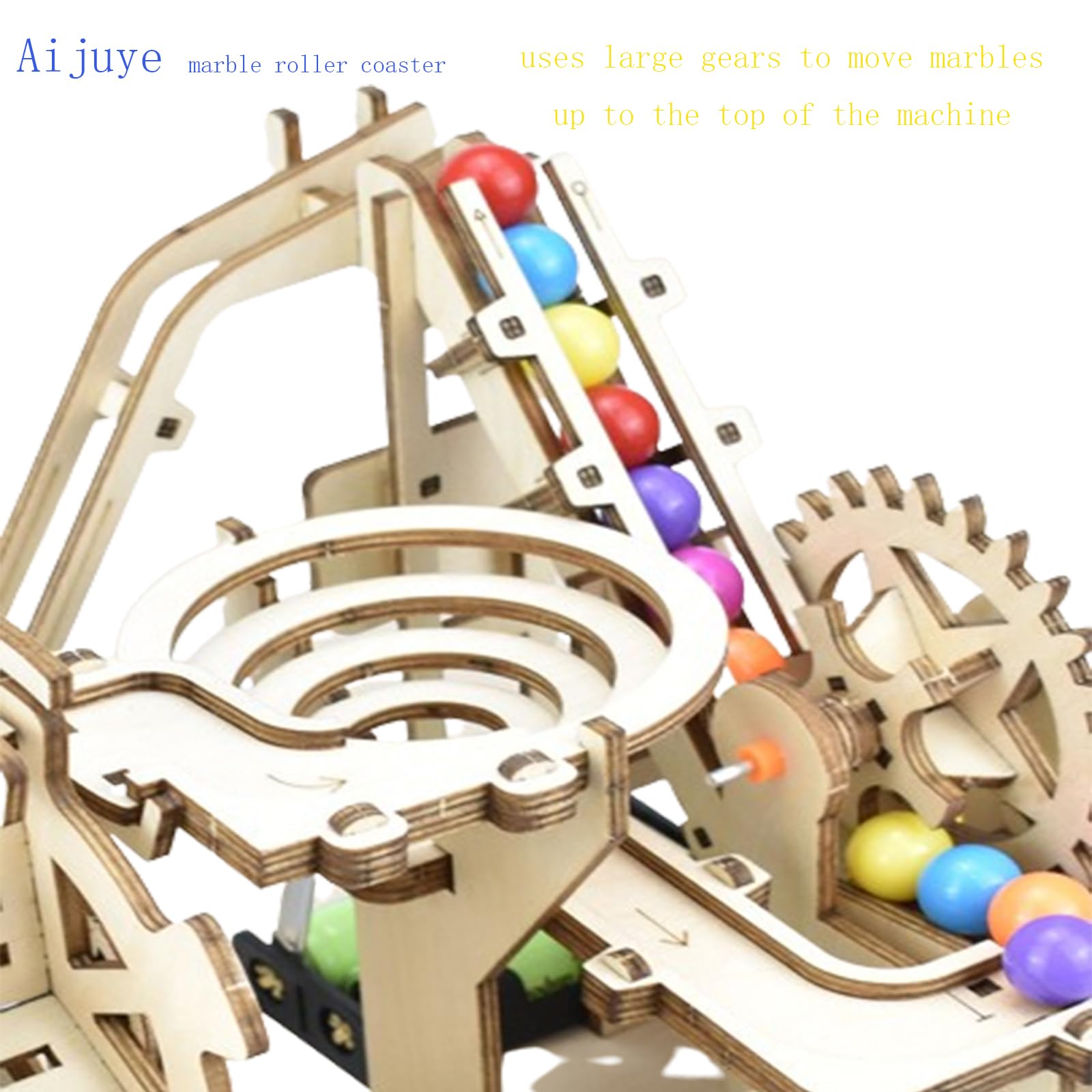 3D Wooden Roller Coaster Puzzle Motorized Marble Run Construction Kit with Gears and Tracks Mechanical Model Kit Laser Cut Wooden Pieces (Ages 14+)