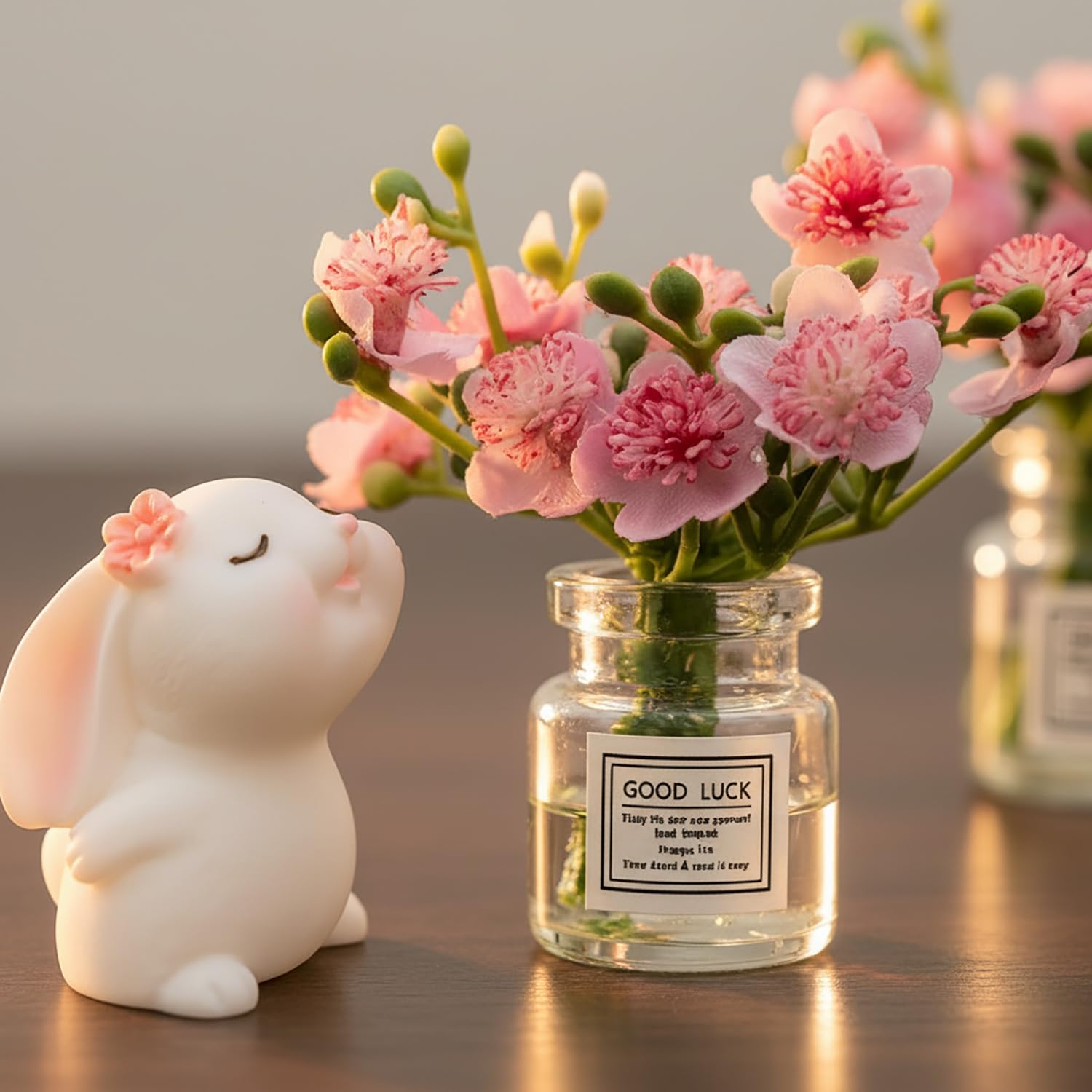 2Sets Dollhouse Miniature Flower in Vase and Rabbits, 1:12 Scale Dollhouse Miniature Decor, Car Decoration,Spring Peach Blossom,2 in.