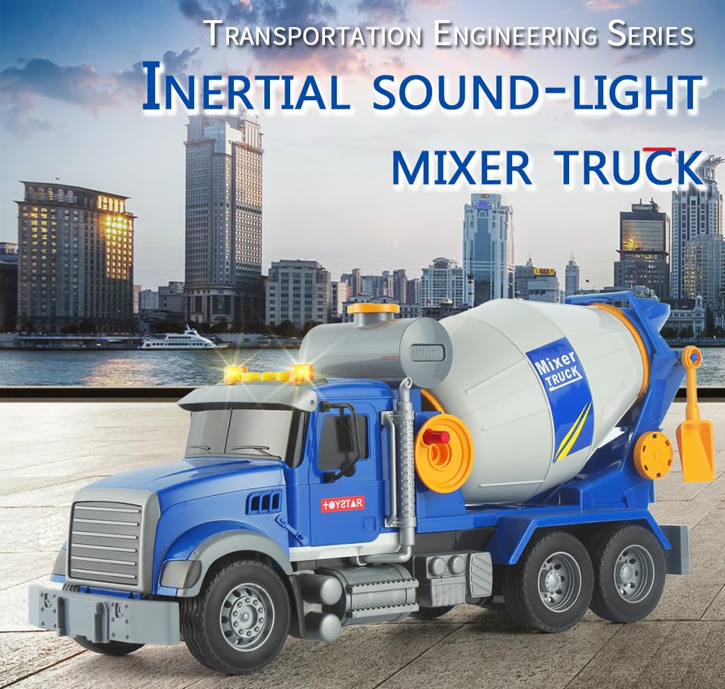 ANJARU Big Cement Mixer Truck Toys Engineering car Lights Sounds,Friction Powered Push car?Go Construction Vehicles Toddlers Boys Toy and Girl Gift