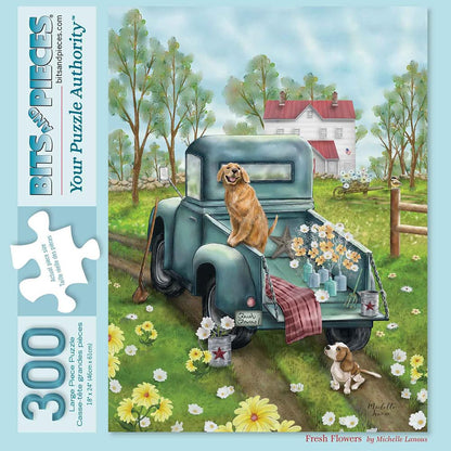 Bits and Pieces - Large 300 Piece Jigsaw Puzzle for Adults - Fresh Flowers - Country Dogs Jigsaw Puzzle by Michelle Lanoue, Completed Puzzle Size: 18"
