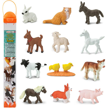 Safari Ltd. Farm Babies TOOB - Figurines: Donkey, Pony, Goat, Lamb, Horse, Cat, Corgi, Pig, Chicken, Holstein, Bunny - Educational Toy Figures