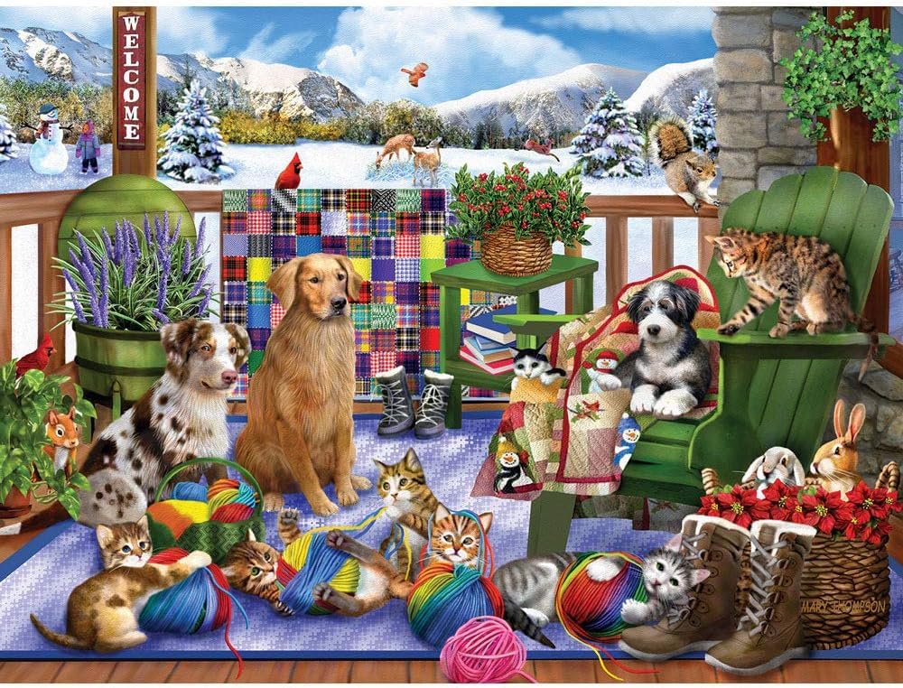 Bits and Pieces - 500 Piece Jigsaw Puzzle for Adults - Porch Pets Fun - Winter Dog Cat Yarn Jigsaw Puzzle by Artist Mary Thompson, Completed Puzzle
