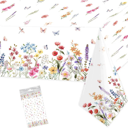 1 Pc Wildflower Tablecloth Spring Summer Floral Table Cover for Butterfly Wildflowers Theme Picnic Dining Holiday Weeding Baby Shower Birthday Tea