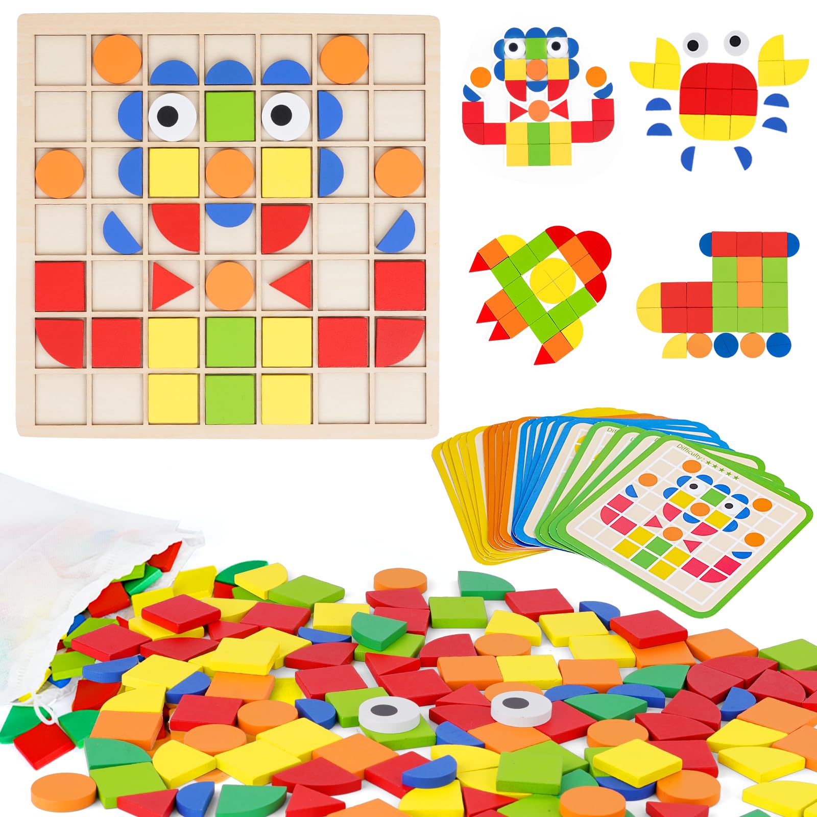 Wooden Pattern Blocks with Grid Board 142PCS Wood Mosaic Tiles Montessori Shape Puzzle Tangrams for Kids with Storage Bag Preschool Educational Toys