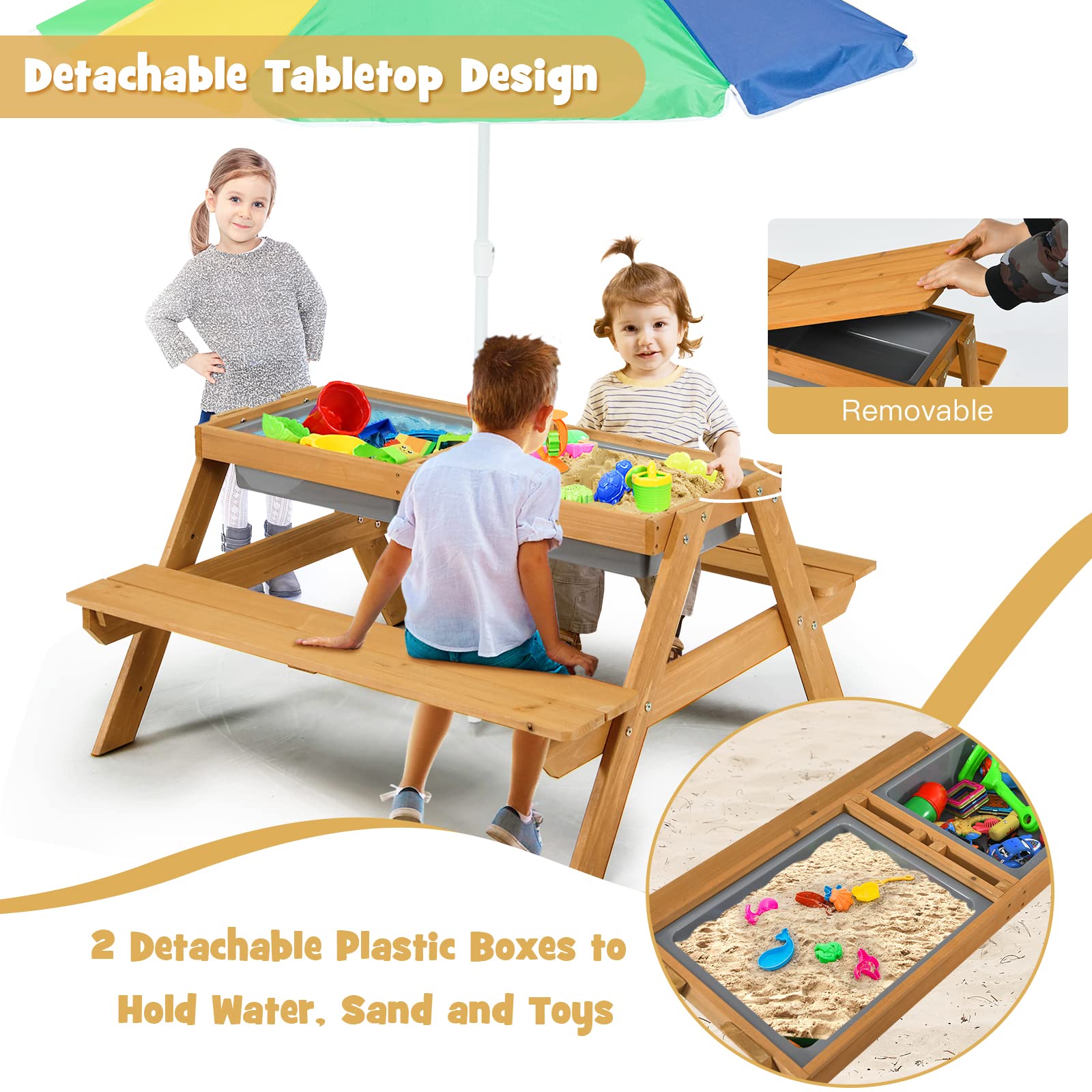 ARLIME Sand and Water Table - 3-in-1 Kids Picnic Table with Height Adjustable Umbrella, Removable Table Top & 2 Detachable Game Boxes, Water Play