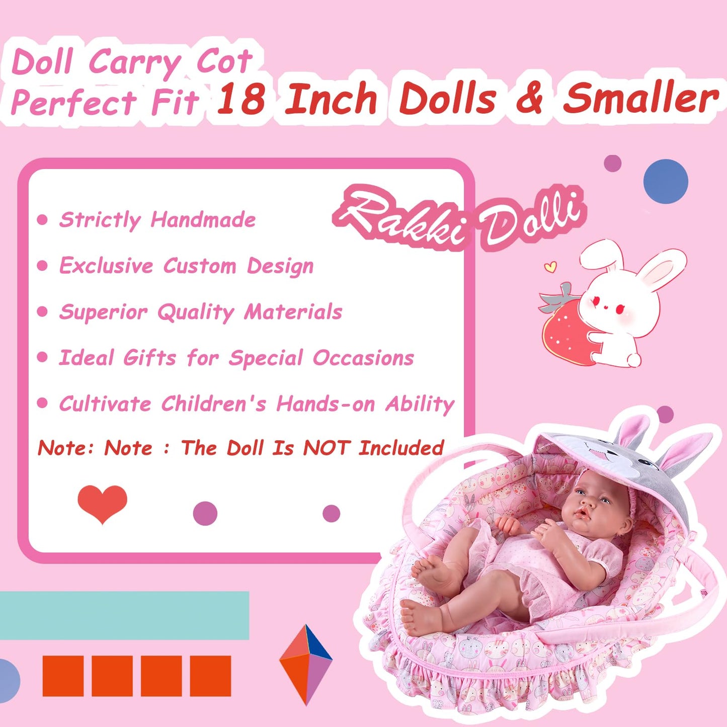 Rakki Dolli Doll Carry Cot Doll Carry Crib Doll Carrier with Fashion Embroidered Rabbit Face, Fits for 16” 18” American Girl Dolls