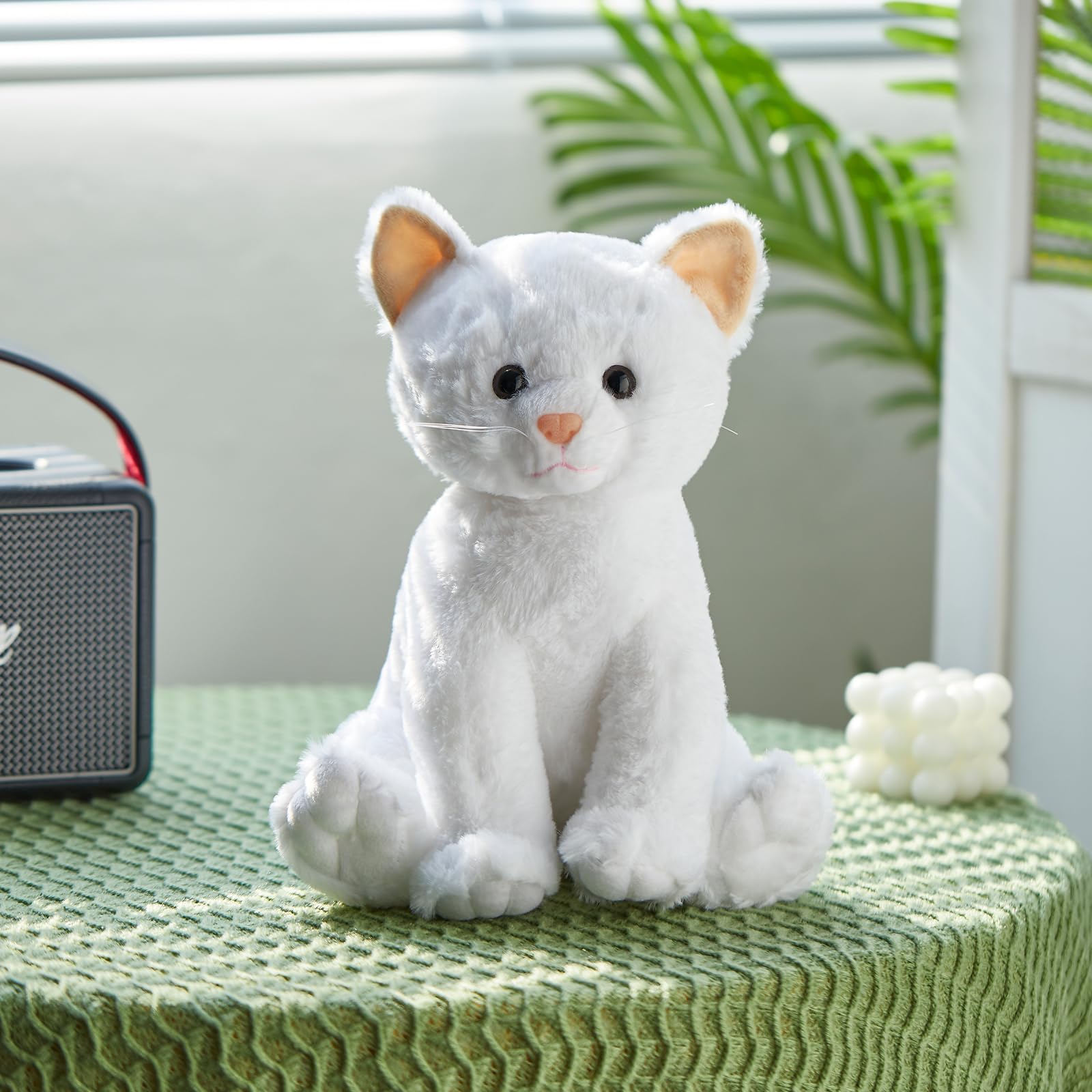 Houwsbaby 12'' White Musical Light Up Cat Stuffed Animal Kitty Plush Toy Singing LED Glowing Cat Plush Toy Christmas Festival Birthday Presents