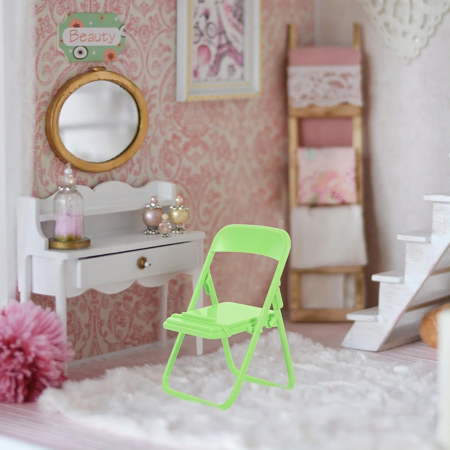 3 Pcs Green Mini Folding Chairs, Dollhouse Folding Chair Miniature Novelty Mini Folding Chair Phone Holder 1:12 Scale Action Figure Accessories