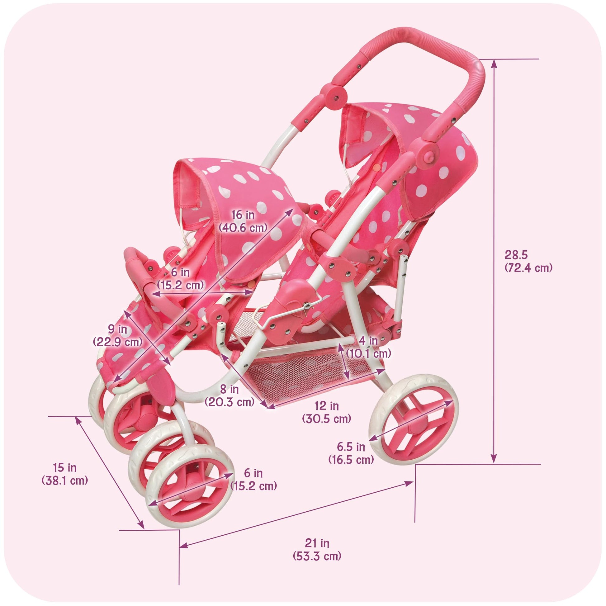 Badger Basket Polka Dot Reversible Double Doll Stroller for 16-Inch Dolls - Pink/Polka Dots with Removable Seats