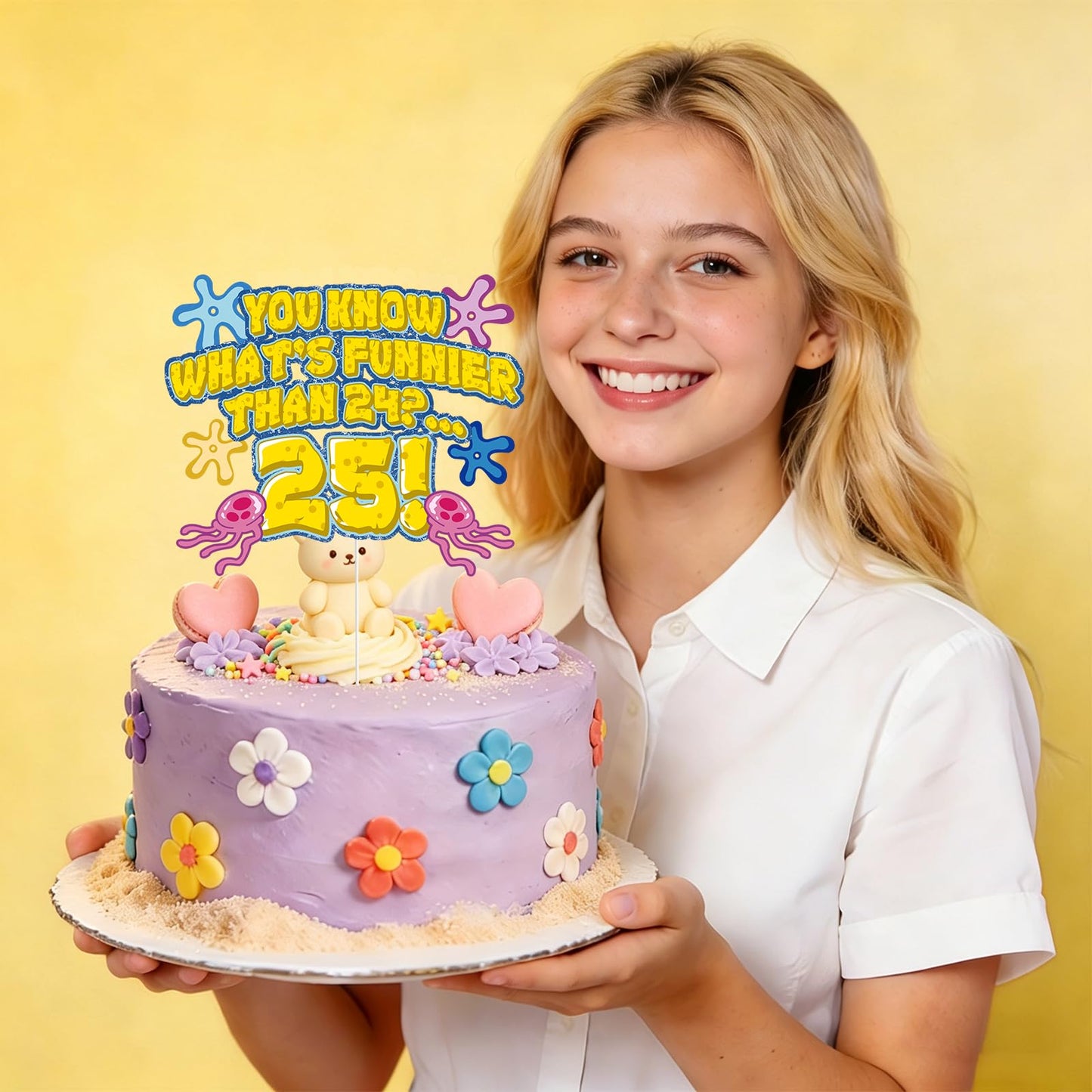 Whats Funnier Than 24 25 Cake Topper, Yellow Sponge 25th Birthday Cake Decor, Single Sided Glitter Cardstock with Acrylic Stick, Funny 25th Birthday