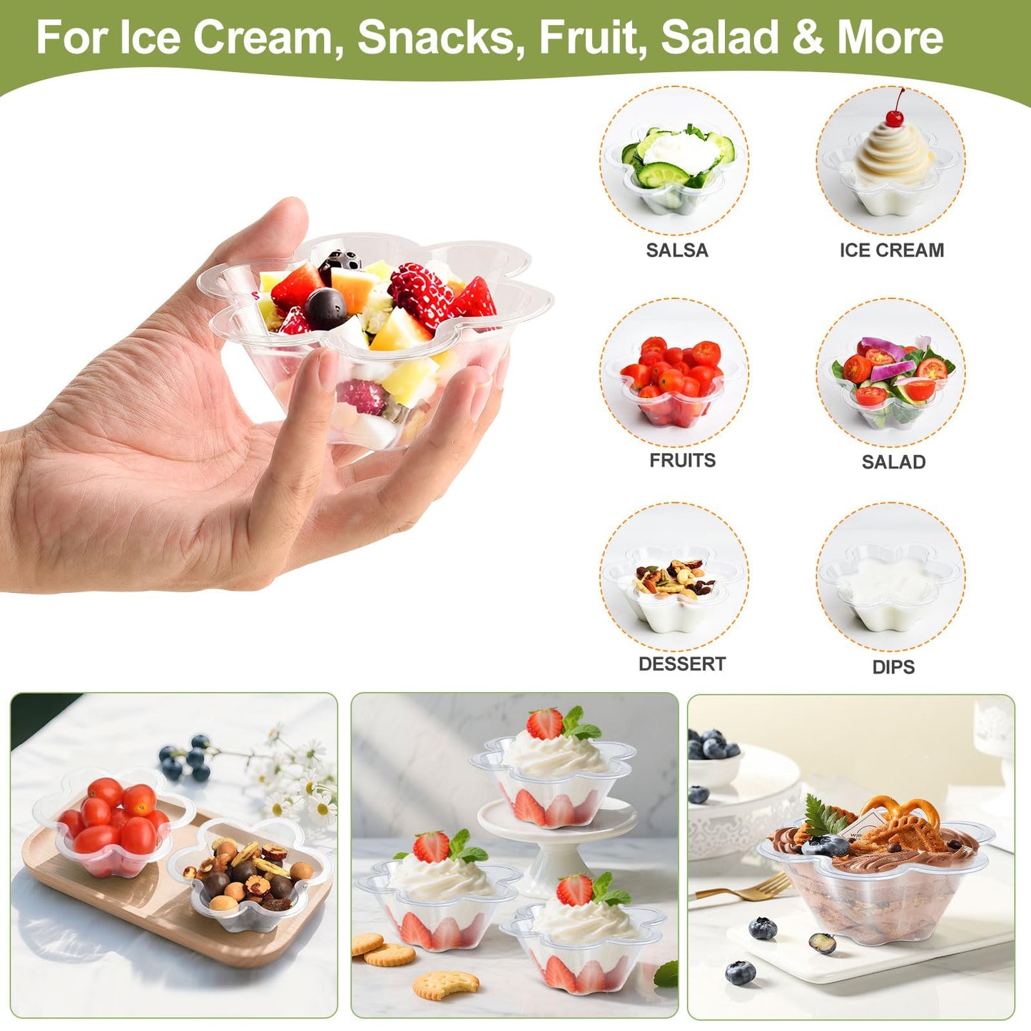 KUCKOW Clear Bowls, 100 PCS Ice Cream Bowls, Small Clear Appetizer Serving Bowls for Dessert Cake Snack Sundae Salad Candy, Party Favor Wedding