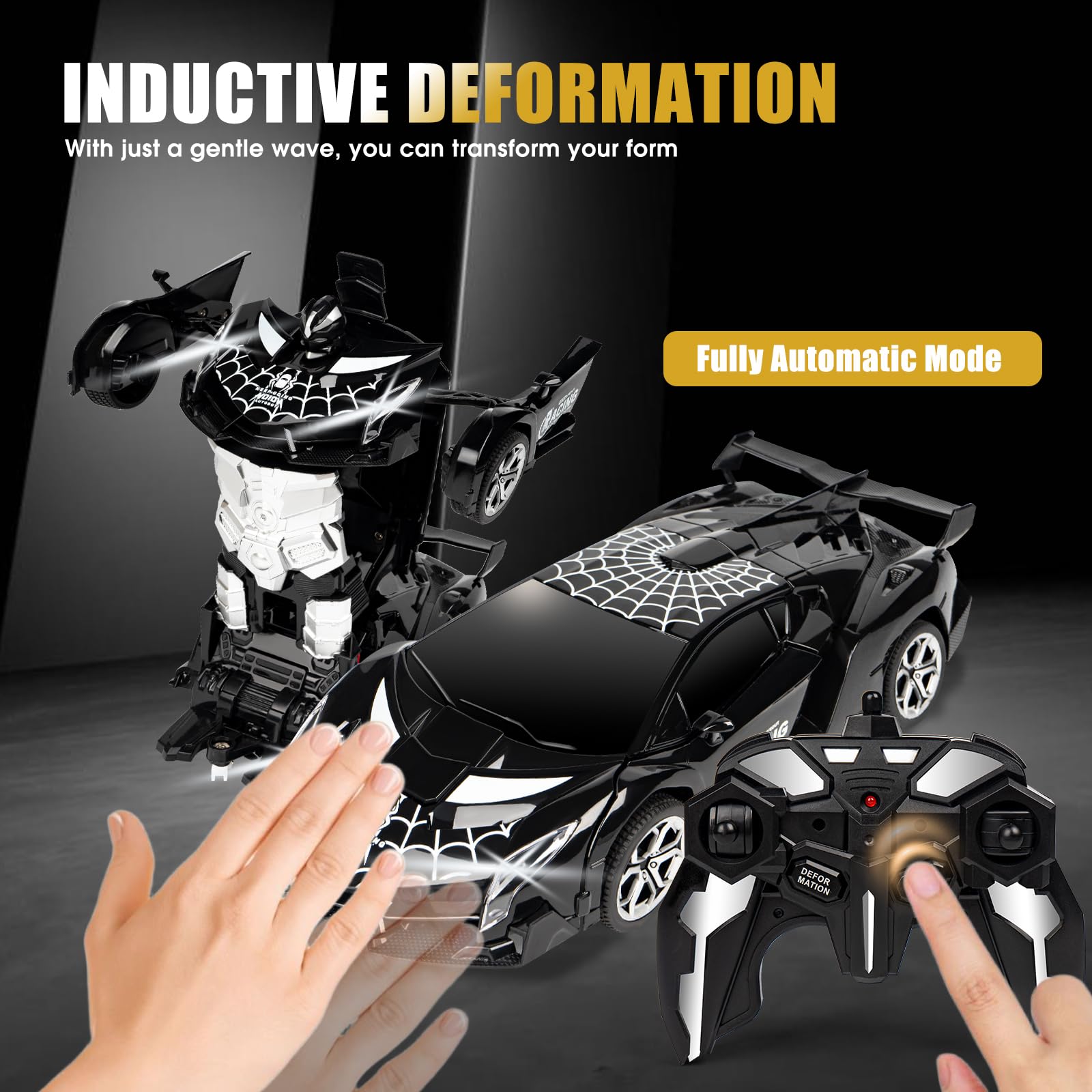 MUISHUYU Rechargeable Transform Remote Control Spider Car, Black Transforming RC Robot Toy 1:18, One-Key Deformation, 360° Drifting Vehicle for Kids