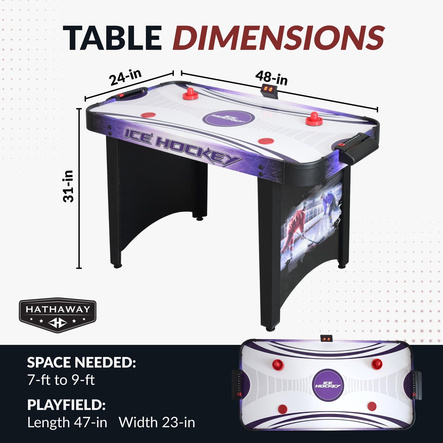 Hathaway Hat Trick 4-Ft Air Hockey Table for Game Room - With LED Scoring, High-Output Blower, Manual Backup, Strikers & Pucks - Black and Purple