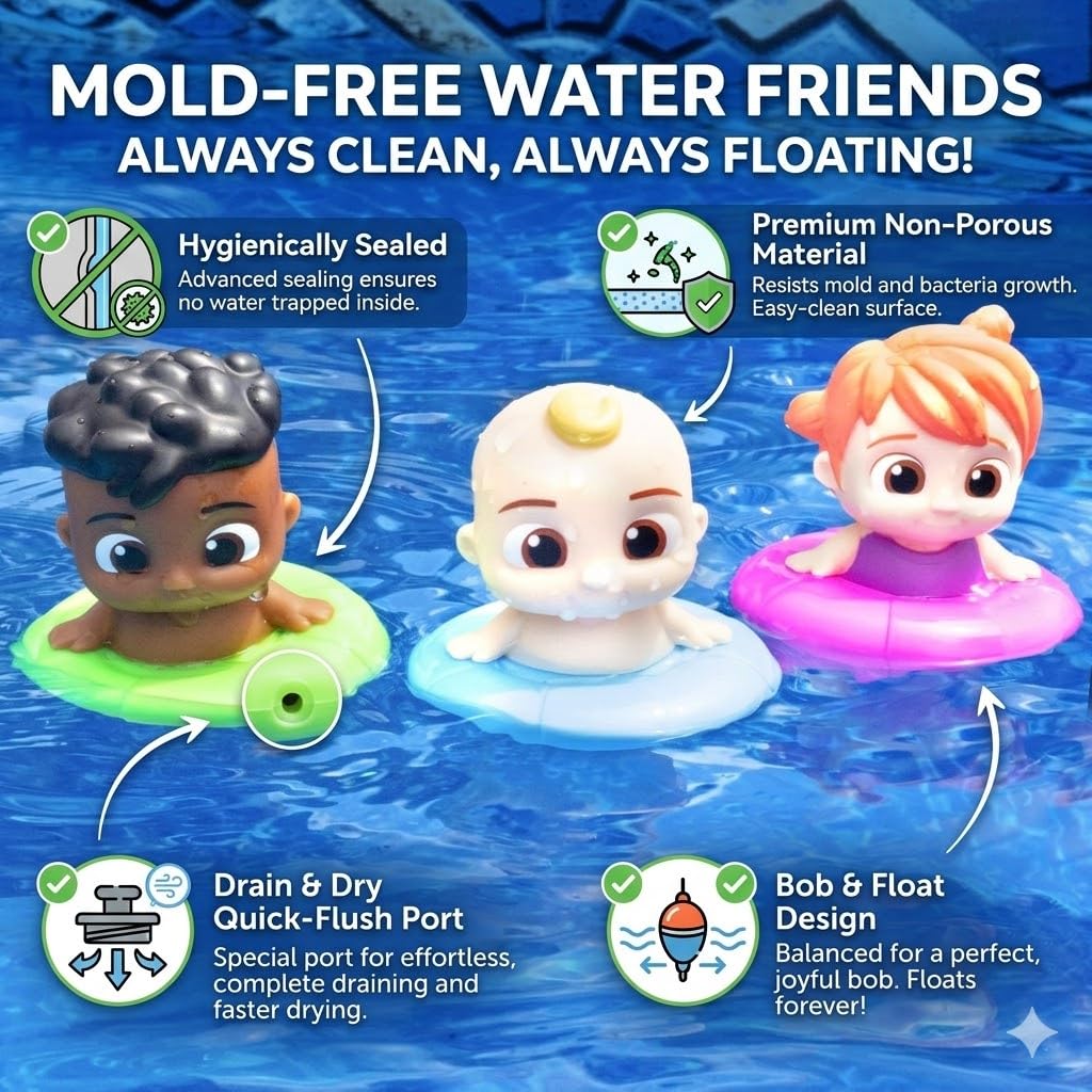 CoComelon Official Bath Toys 3-Pack for Toddlers - Mold-Free Floating Water Figures Featuring JJ, Cody & YoYo - Swimming Pool, Bathtub & Sensory