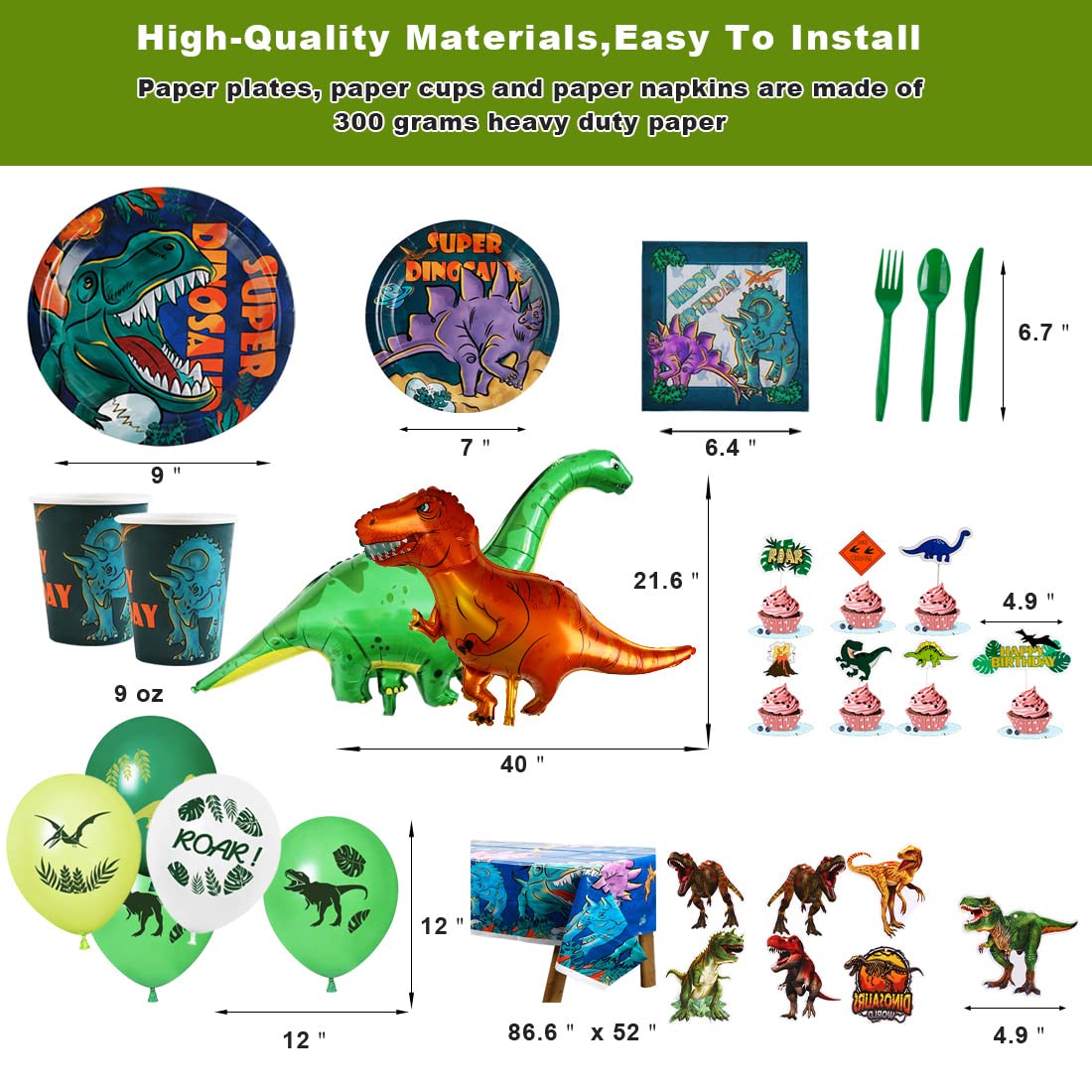 Dinosaur Birthday Party Supplies Kit For Boys, Dinosaur Party Decorations-20 Guest-Include Dino Plates Cups Napkins Banner Cutlery Balloon Tablecloth