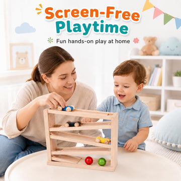 Wooden Ramp Racer for Toddlers 1-3, Wooden Race Track Toy with 3 Wood Cars and 2 Balls, 5-Level Zig Zag Car Ramp Racer, Montessori Learning Toys for 1
