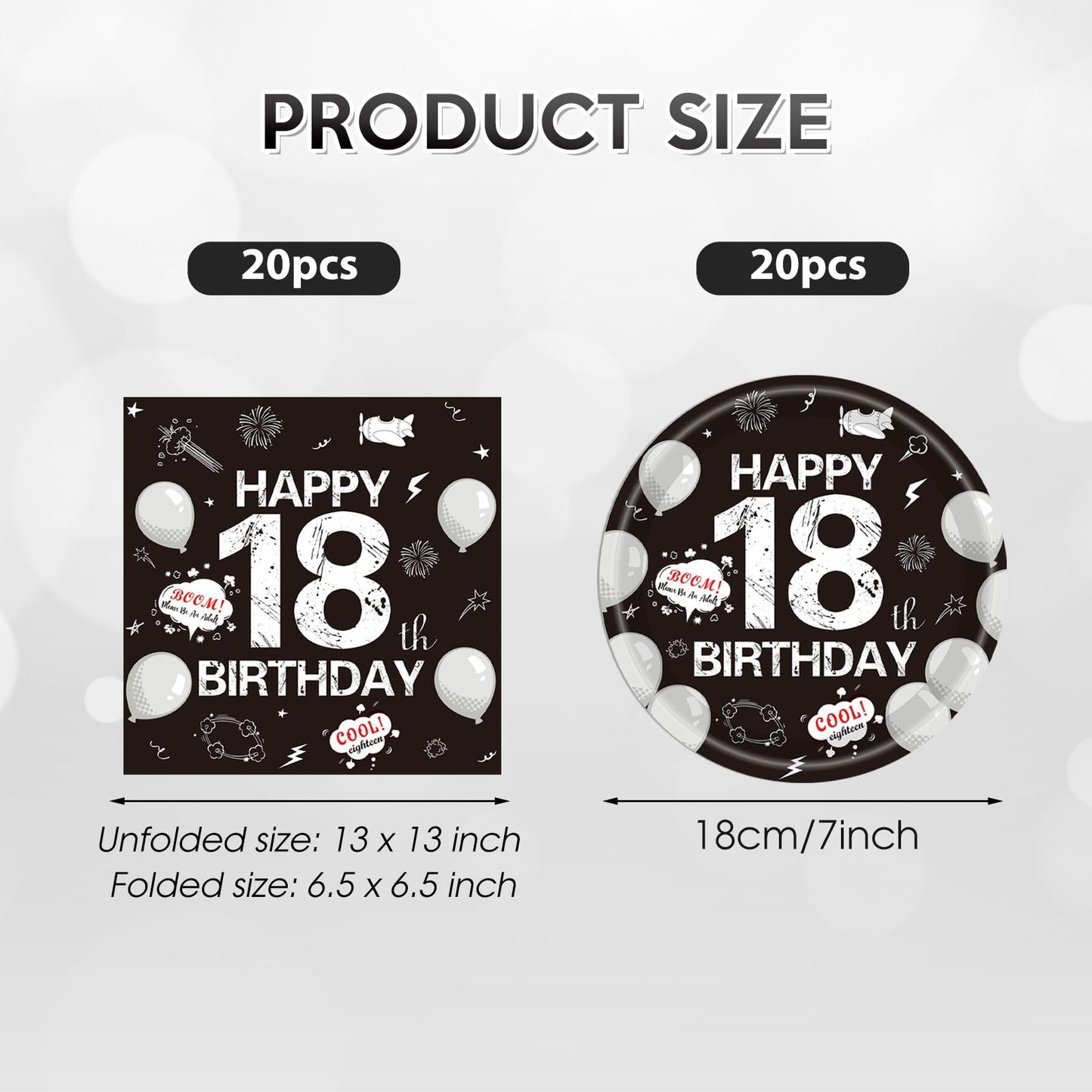 40Pcs 18th Birthday Decorations for Boys Girls,18th Birthday Plates and Napkins Black and White Disposable Party Tableware Set for Time To Adult 18