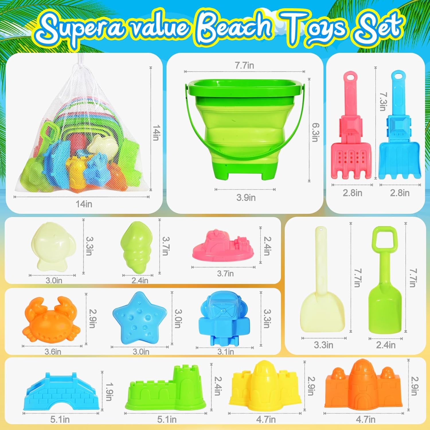 DGFCK Collapsible Beach Sand Toys for Kids Toddlers,Travel Beach Toys with 3 Collapsible Sand Buckets,Shovels,Mesh Bags,Sand Molds,Castle Toys