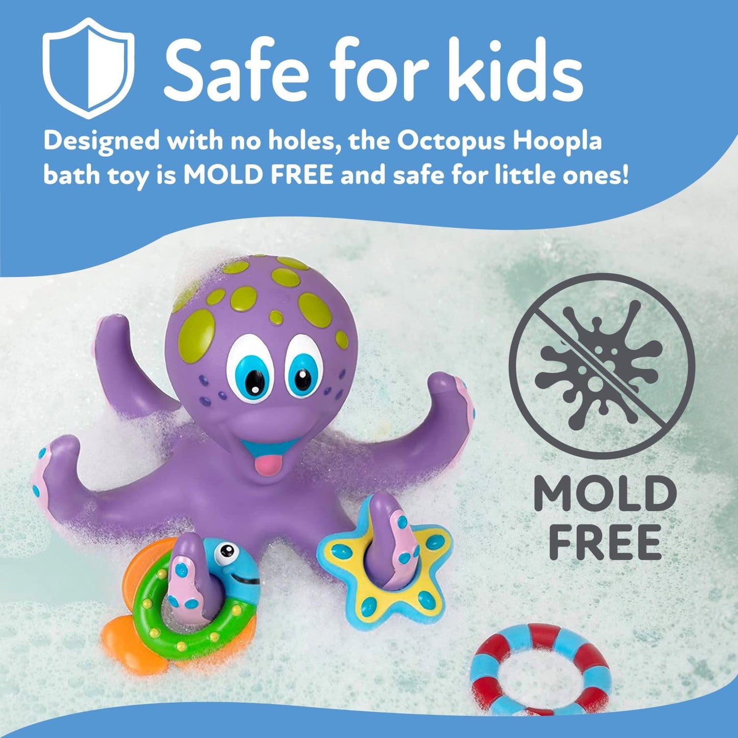Nuby Floating Octopus with 3 Hoopla Rings - Baby & Toddler Bath Toy - No Hole Design Keeps Moisture Out - Fine Motor Skills - 18+ Months - Great Baby