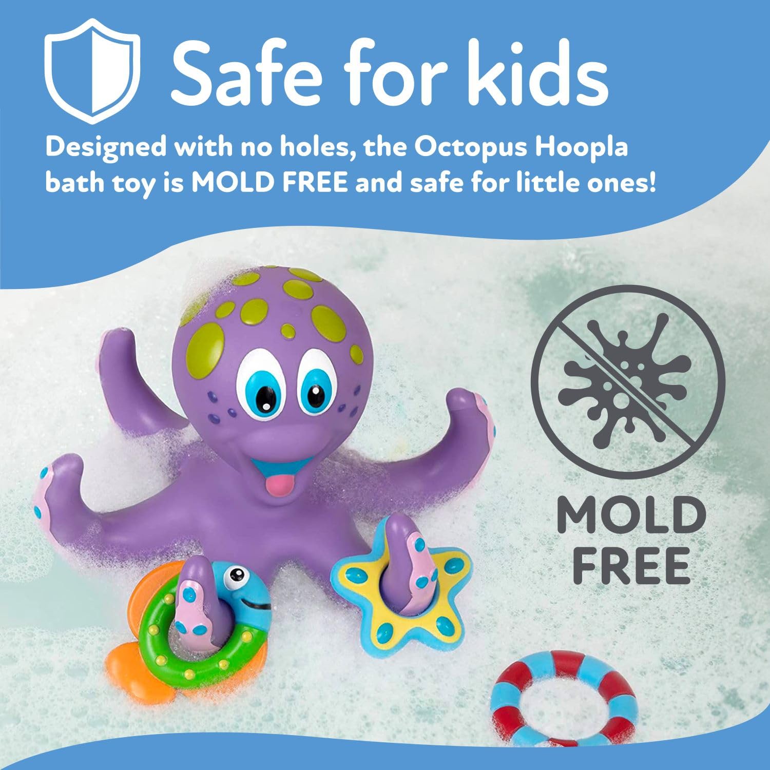 Nuby Floating Octopus with 3 Hoopla Rings - Baby & Toddler Bath Toy - No Hole Design Keeps Moisture Out - Fine Motor Skills - 18+ Months - Great Baby