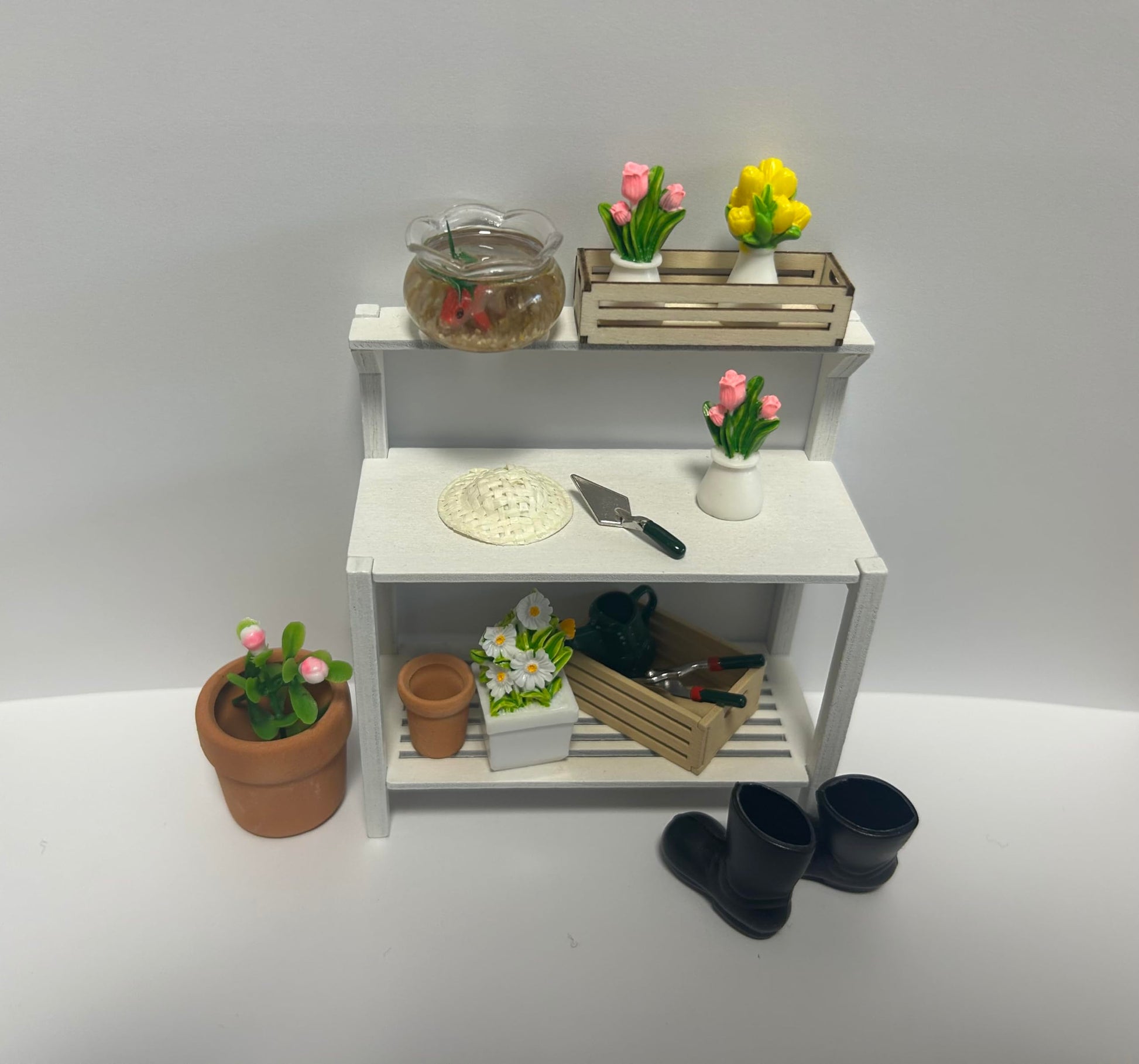 Miniature Scene Building 1:12 Scale Garden Potting Bench Set with Tools, Flowers, Pots and Fish Bowl (Potting Bench)