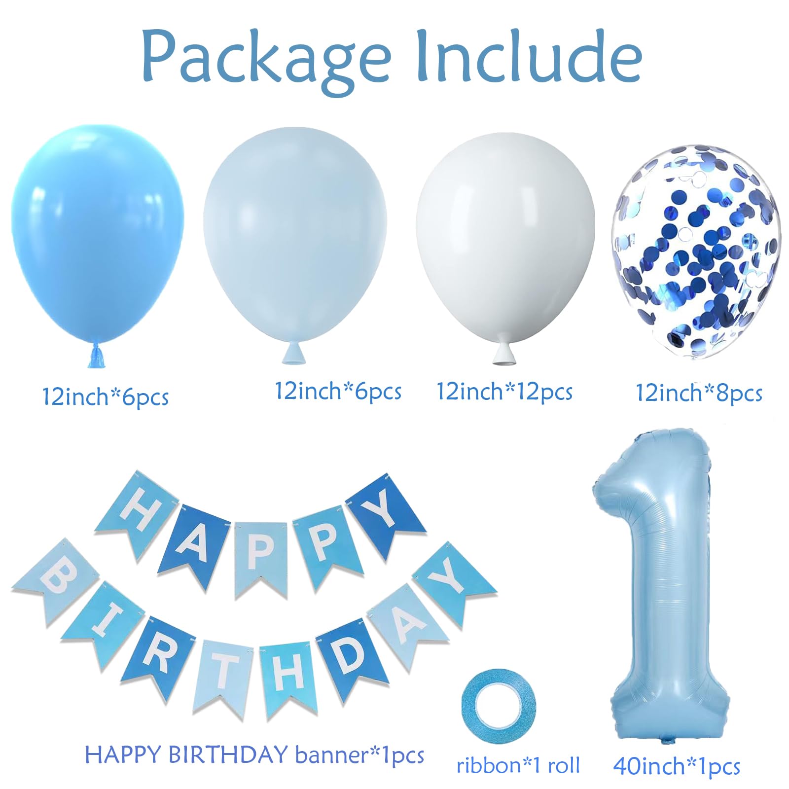 Baby Blue White Balloons And 40inch 1 Balloon, First Birthday Decorations For boy With blue White Confetti Balloons, Happy Birthday Banner Large 1