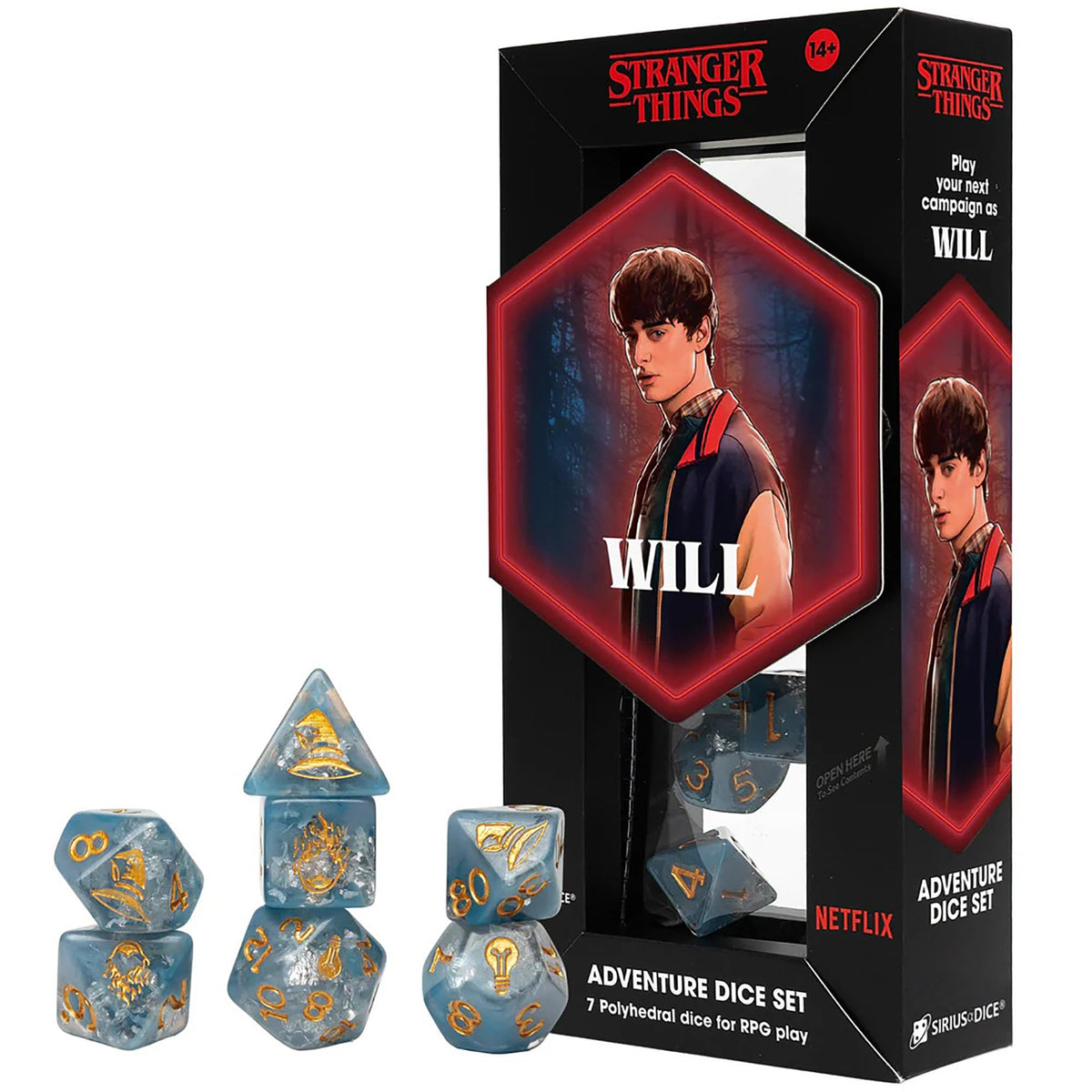 Stranger Things: Adventure Dice - Will - 7pc RPG Set, Blue & Silver Fleck, Gold Icons, Cleric Class, Collectible Roleplaying Game Accessory, Licensed