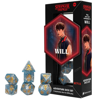 Stranger Things: Adventure Dice - Will - 7pc RPG Set, Blue & Silver Fleck, Gold Icons, Cleric Class, Collectible Roleplaying Game Accessory, Licensed