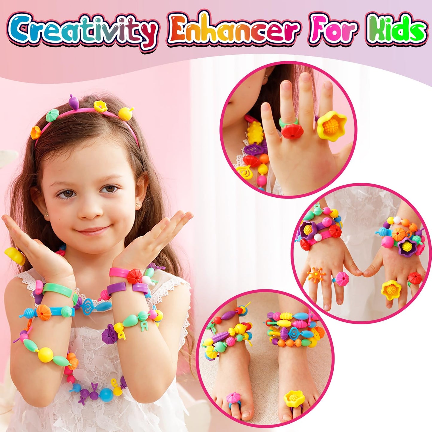 FUNZBO 520+ Snap Pop Beads - Jewelry Making Beads Charms Style Craft Kit, Arts and Crafts for Kids Ages 4-8, Toys for 3 4 5 6 7 Years Old Girls